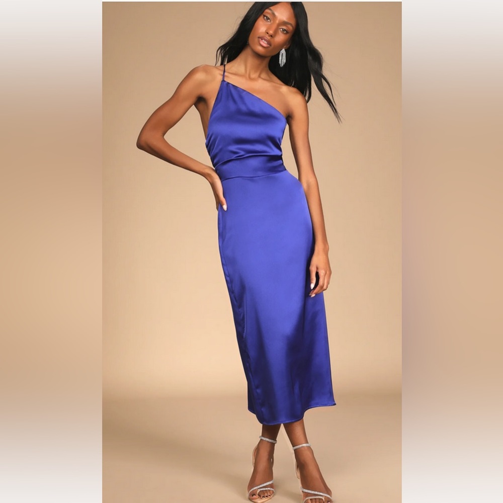 Blue Satin One-Shoulder Lace-Up Midi Dress